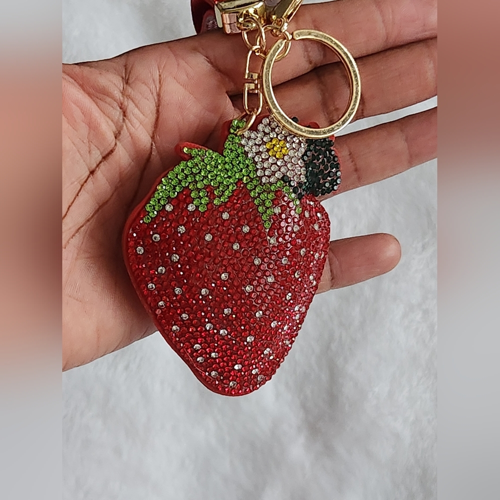 Red Strawberry Rhinestone Keychain Sparkling Bag Charm - Picture 5 of 5